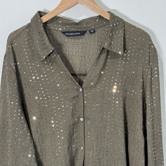 Colleen Lopez Button Front Sequin Tunic Top Size Large Embellished Olive Green - Picture 3 of 9